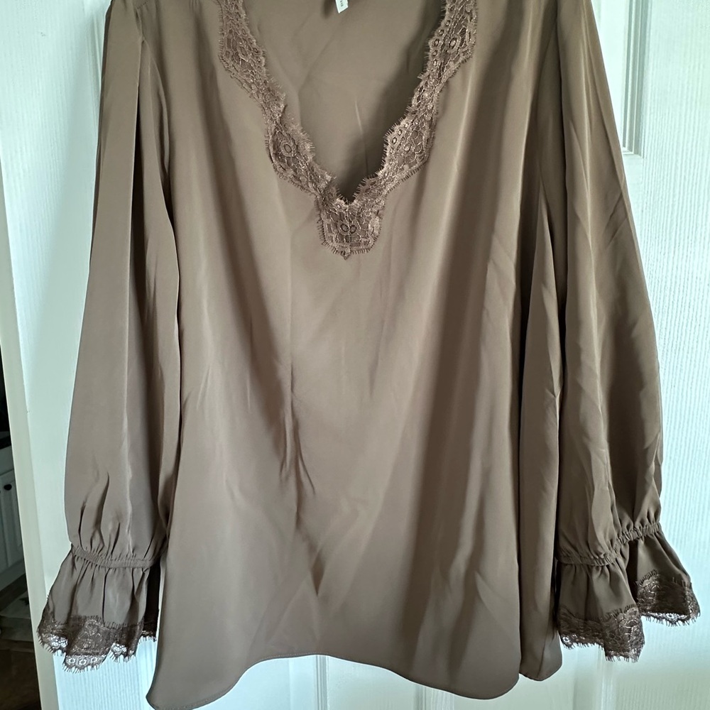 Cato Lace Trim Tan Blouse